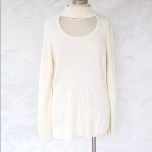 Biege Ribbed Knit Scoop Neck Choker Cut Pullover